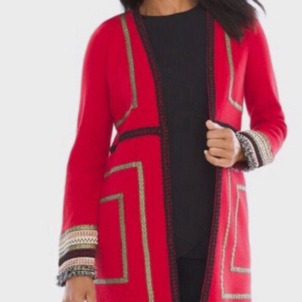 Chicos Reba Red Open Front Duster Cardigan with Geometric Trim M